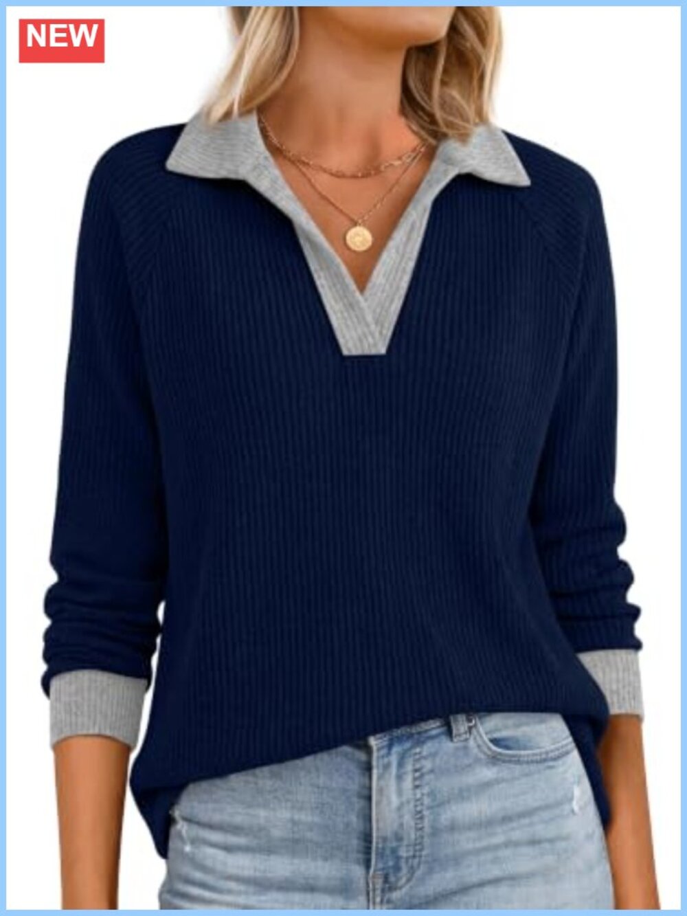 Womens Long Sleeve V Neck Polo Shirt Ribbed Knit Color Block Pullover Top
